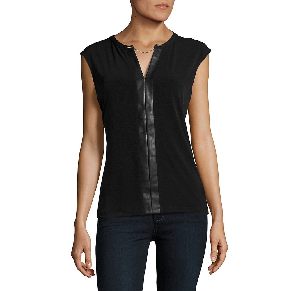 Calvin Klein | Faux Leather Trim Chain Neck Top